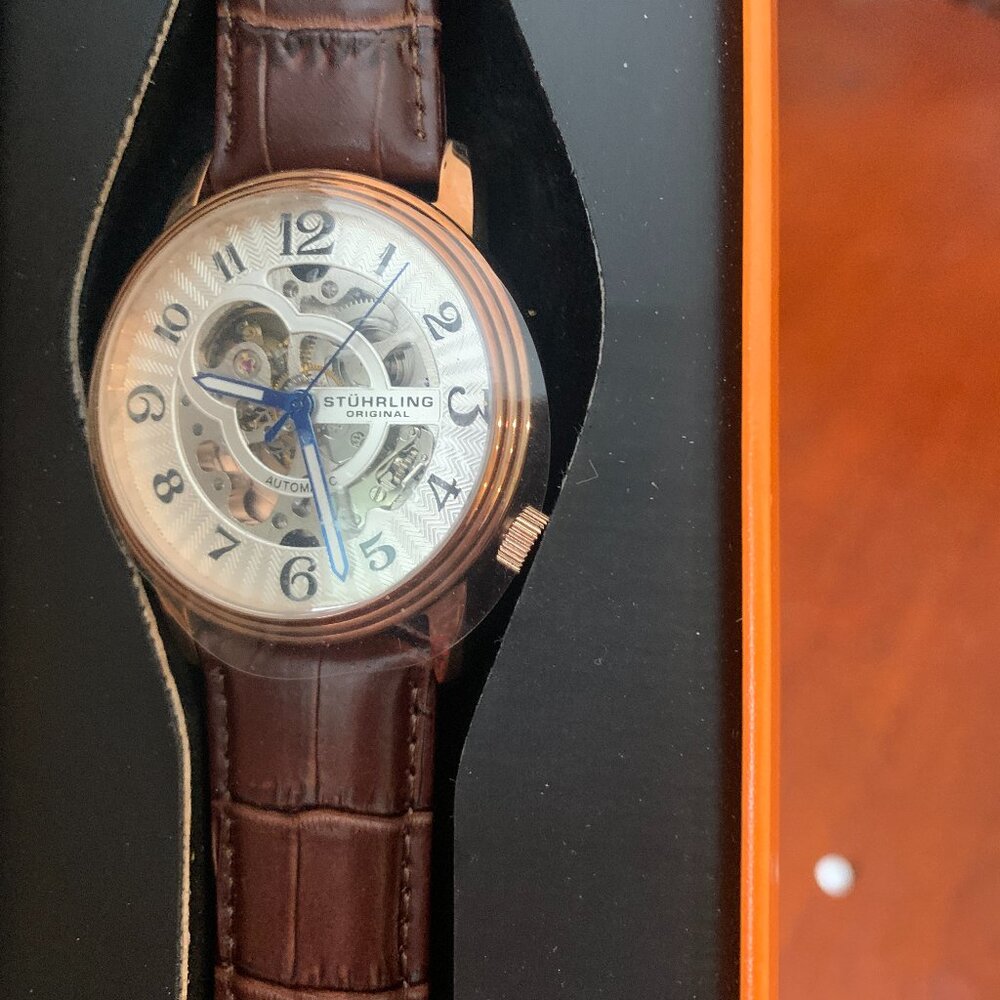 Stuhrling Skeleton Automatic Men’s Watch w/ Box – Rose Gold & Brown Leather